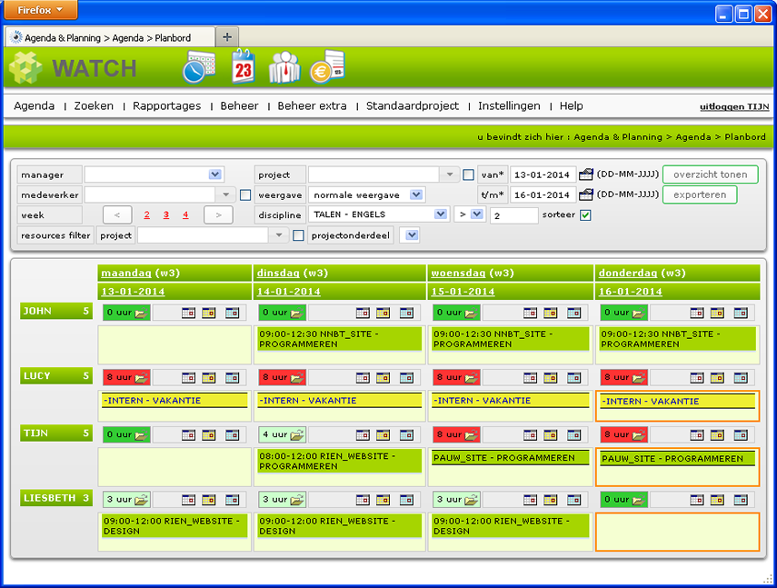 planbord met disciplinefilter