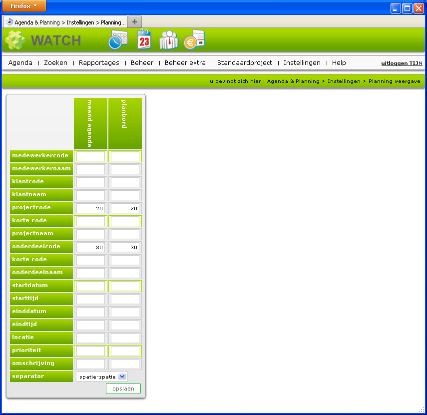 instellingenpagina planning weergave
