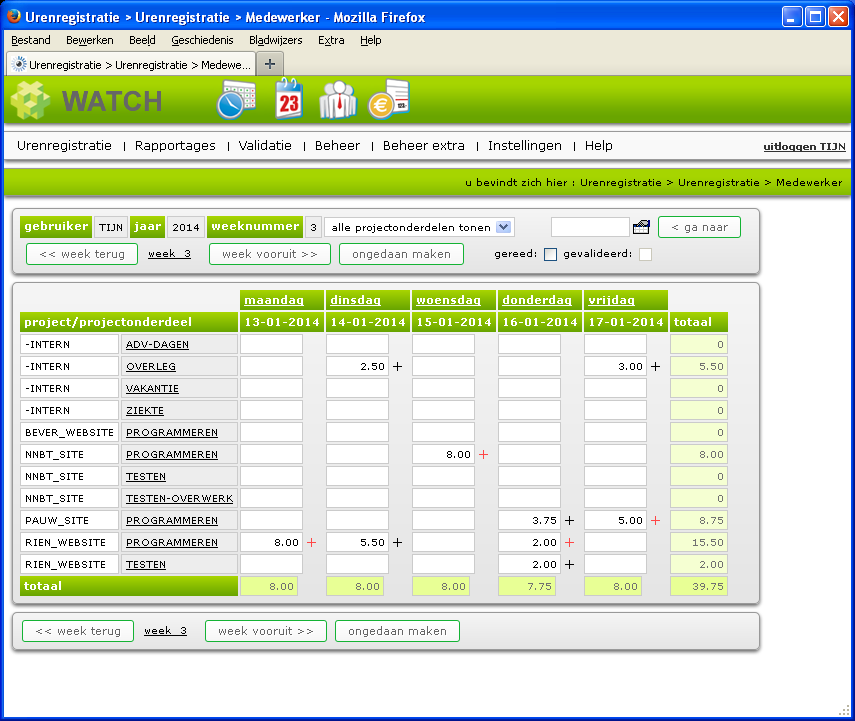 urenregistratiescherm zonder extra opties