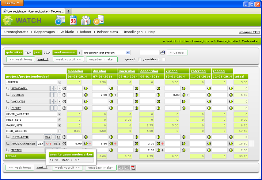 urenregistratiescherm met extra opties urenregistratiescherm met extra opties