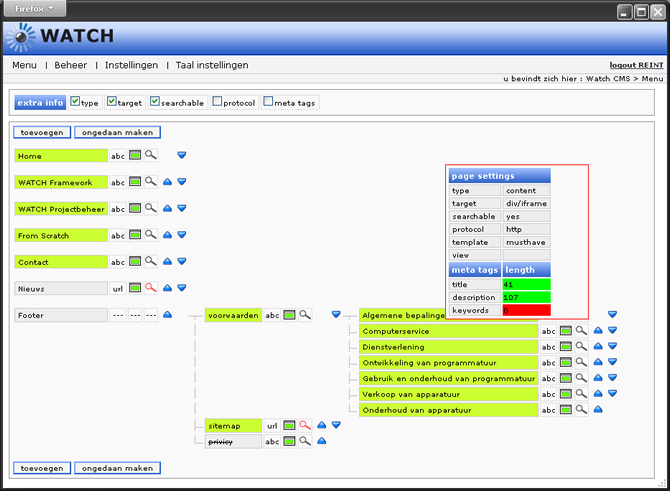 WATCH CMS menu pagina